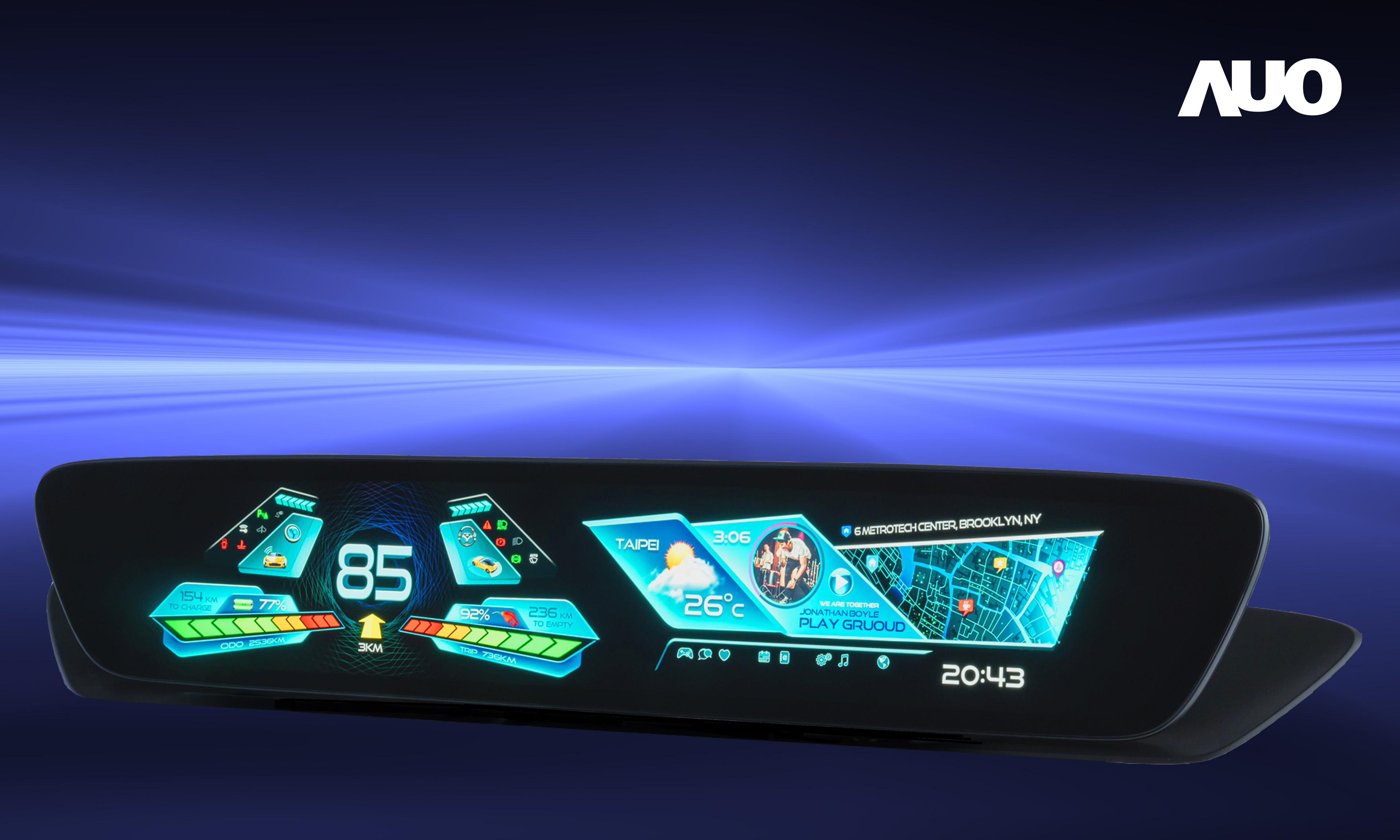 3499拉斯维加斯30.4吋異形曲面AmLED車載顯示系統，為一兼具儀表板及中控台人機介面的創新車載顯示系統，結合美學設計，提升車內科技沉浸感及使用體驗，讓車載顯示的未來應用更加多元化