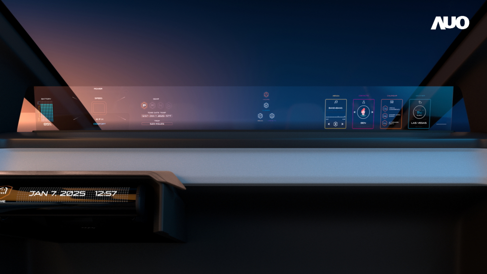 AUO’s Horizon Image Glass integrates the dashobard, central information display and co-driver display through in-vehicle computing solutions to create an integrated panoramic view, providing vehicle ocuppants with a clear forward vision and infortainment on the road